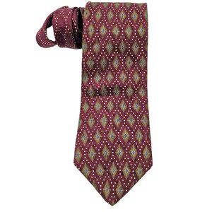 Men's Nautica 100% Silk Pointed Tie Burgundy, Gold & Blue Diamond Design